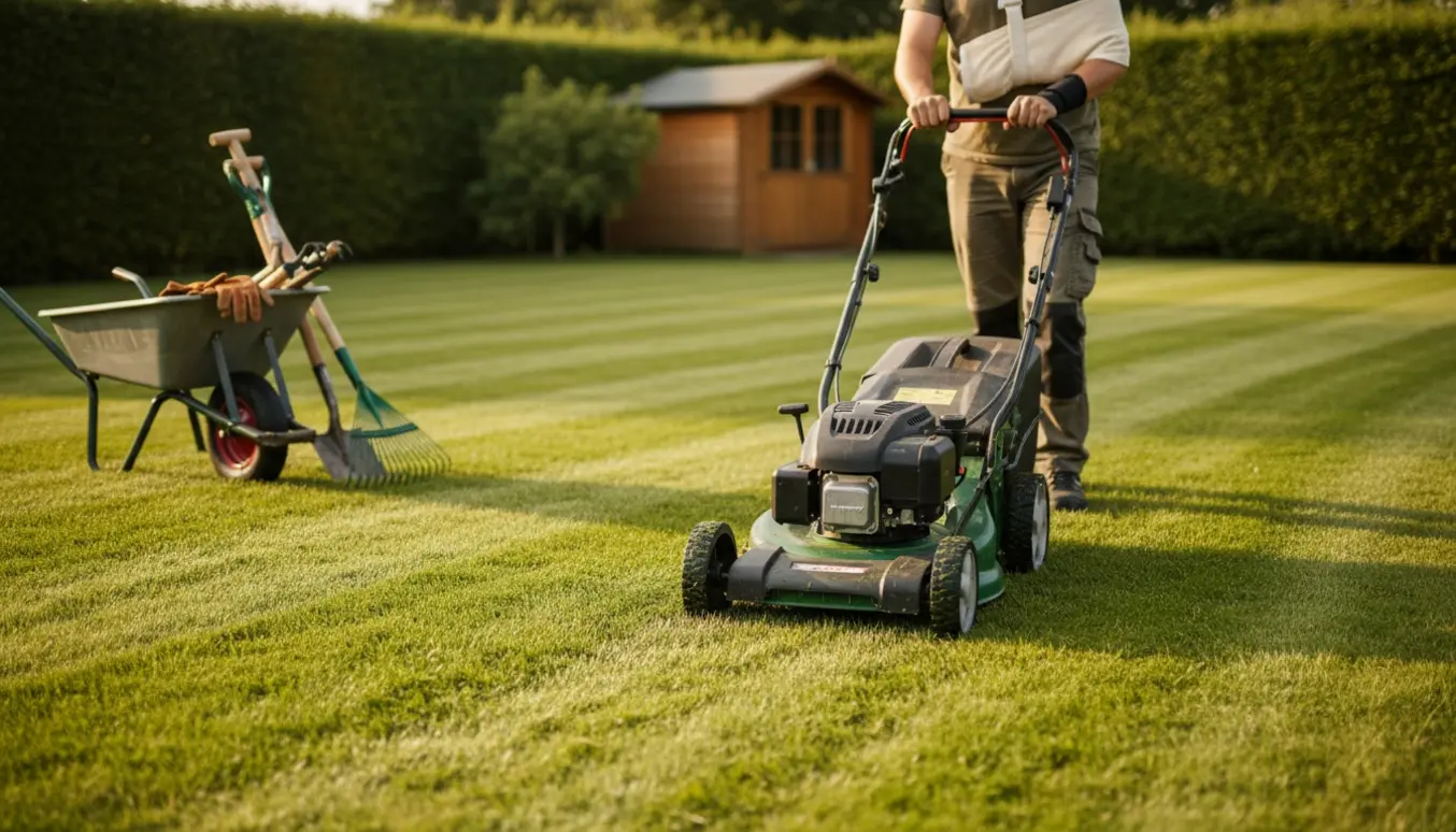 En person slår græs på en stor plæne med en plæneklipper, mens armen er i en slynge.