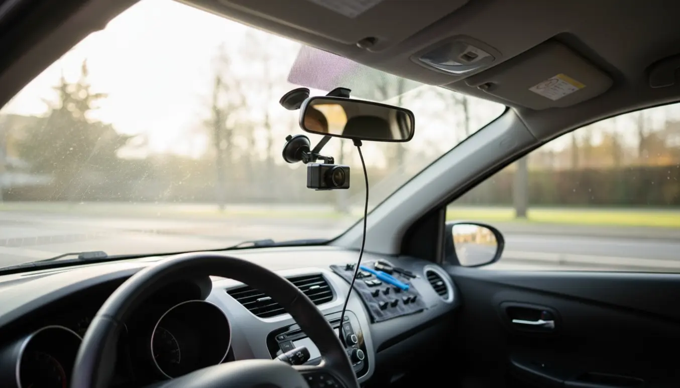 Hænder monterer et dashcam bag bakspejlet i en kompakt bil fra 2014, med værktøj og kabler klar på passagersædet.