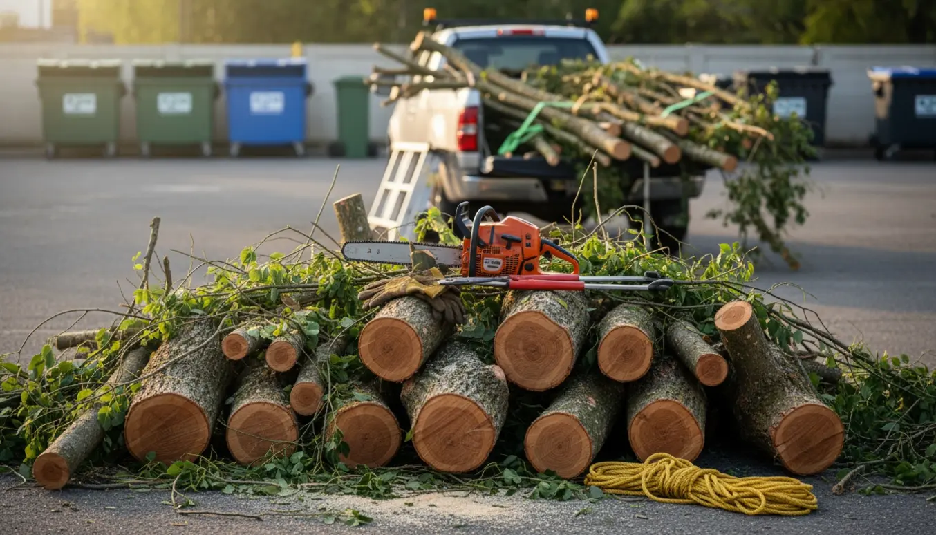 Bunke af nyligt afskårne tykke og tynde grene ved en varevogn ved en genbrugsplads i Roskilde.