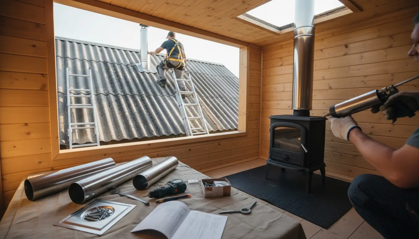Montering af brændeovn og rustfri skorsten i et træsommerhus med ståltag, håndværker ses uden ansigt.