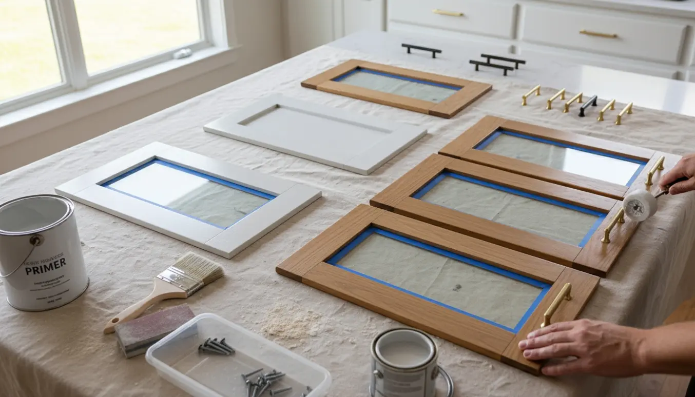 Afmonterede køkkenlåger og skuffefronter med slebning, grunder og maling, og nye greb klar til montering.