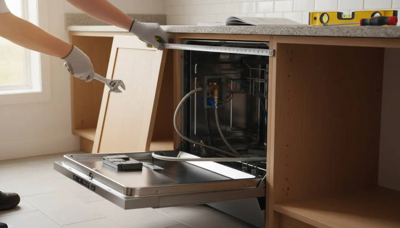 Nærbillede af opvaskemaskineinstallation i køkken, hvor hænder måler og forbinder slanger i en åben skabsplads.