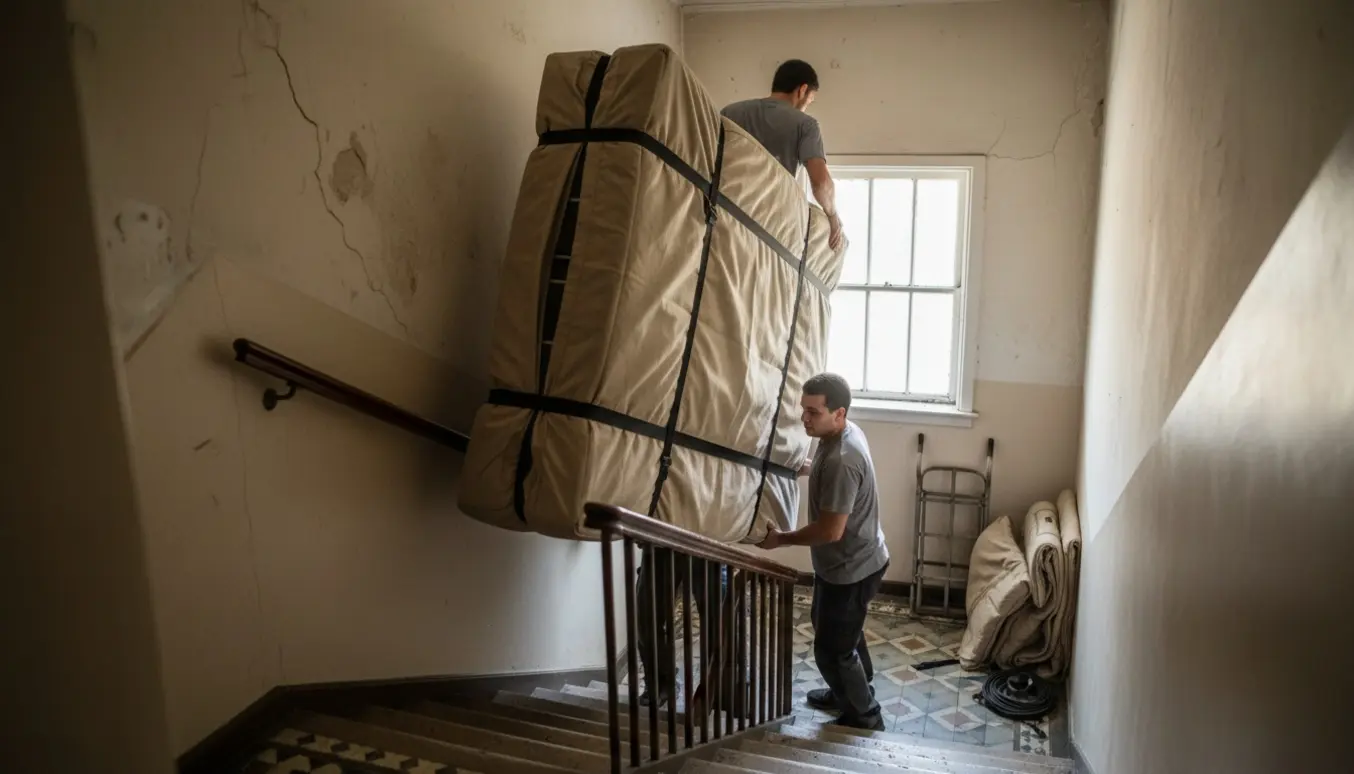 To flyttefolk bærer en indpakket boksmadras ned ad en trappe i en aarhusiansk opgang.