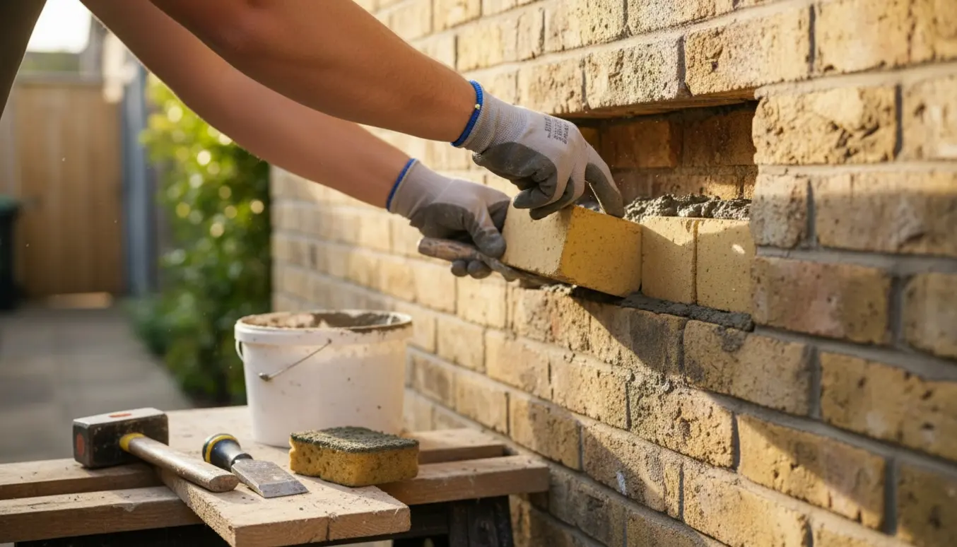 Hænder udskifter fem gule mursten i en mur med murske, mørtelspand og værktøj.
