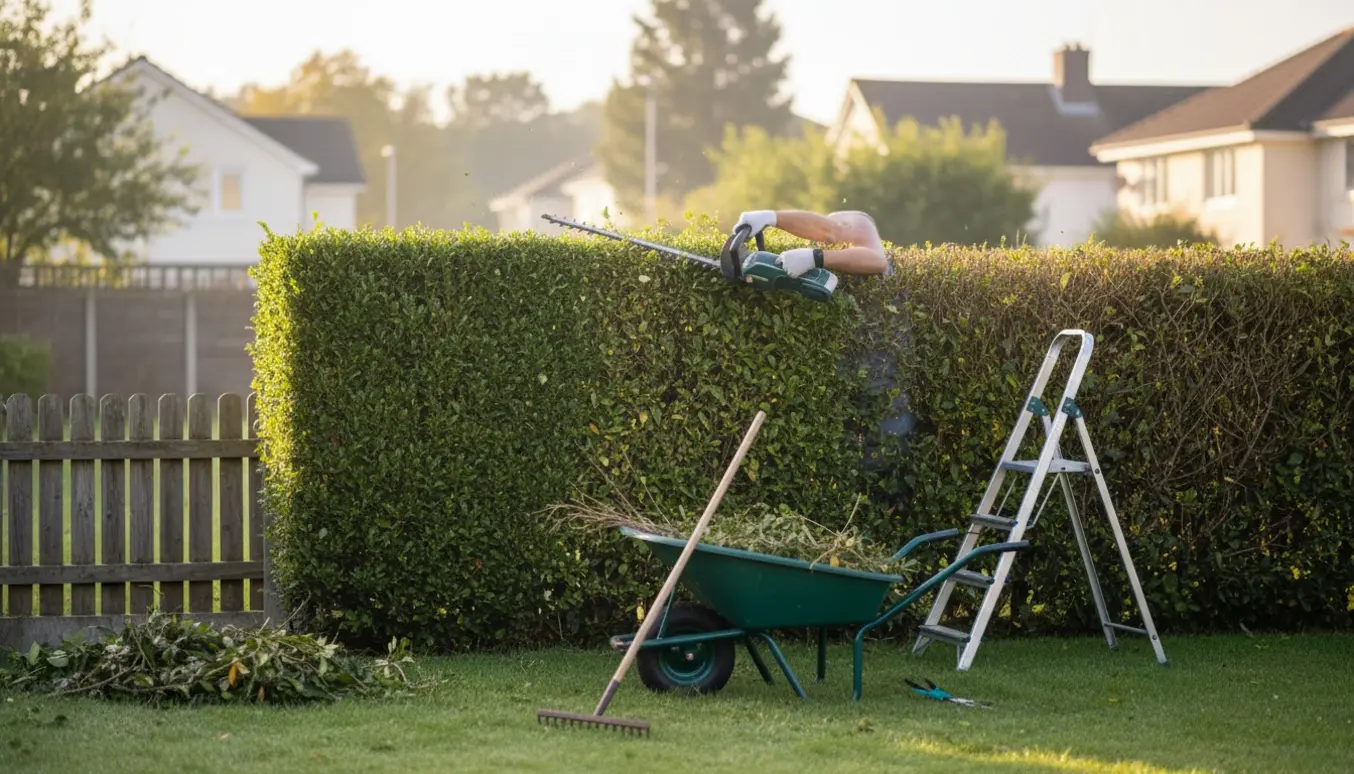 Hækkeklipning mellem to haver med handsker, hækketrimmer, trillebør og en bunke afklip.