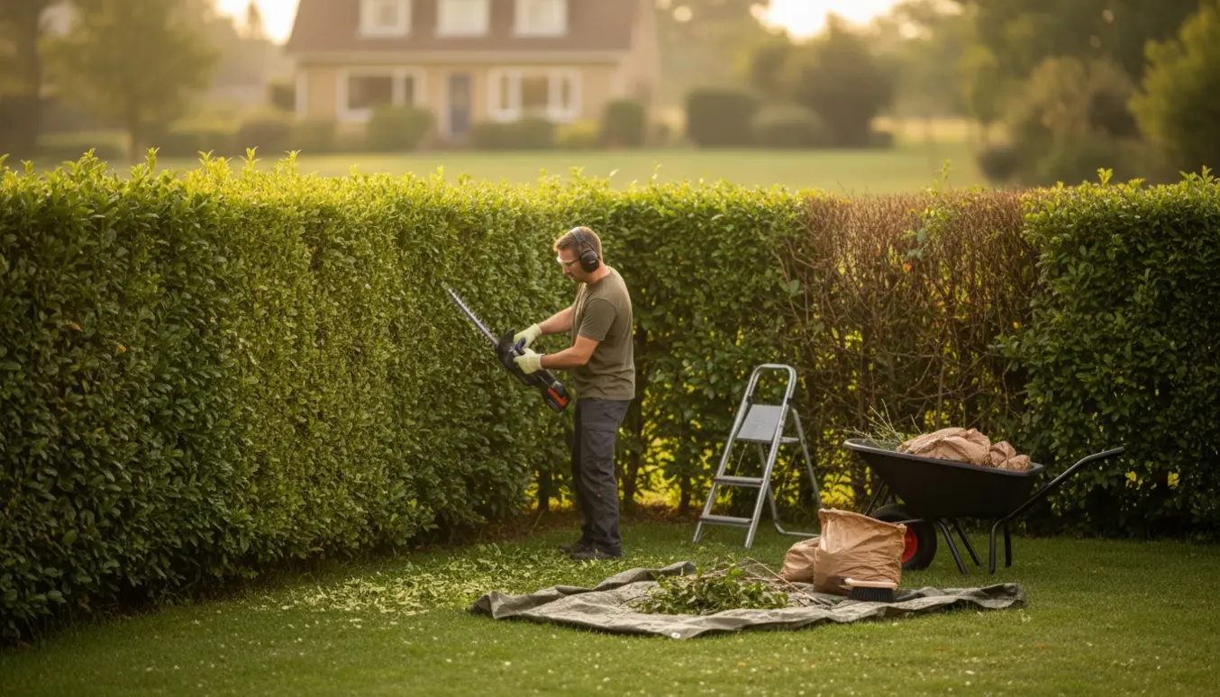 En bagfra set havearbejder klipper en skulderhøj hæk ved et hjørne med skubbevogn og poser til grønt affald ved siden af.