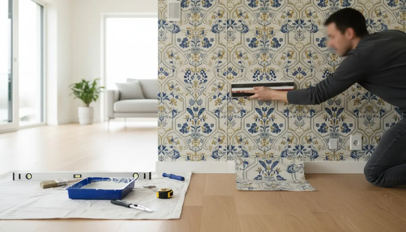 Mønstret tapet monteres på én væg og skæres præcist omkring en udluftningskanal og en stikkontakt.