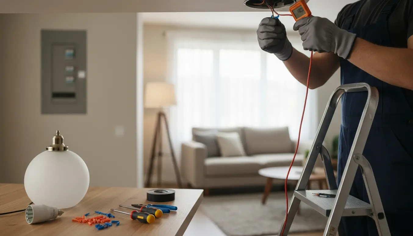 Hænder installerer en loftslampe med nye LED-pærer og værktøj på en stige.