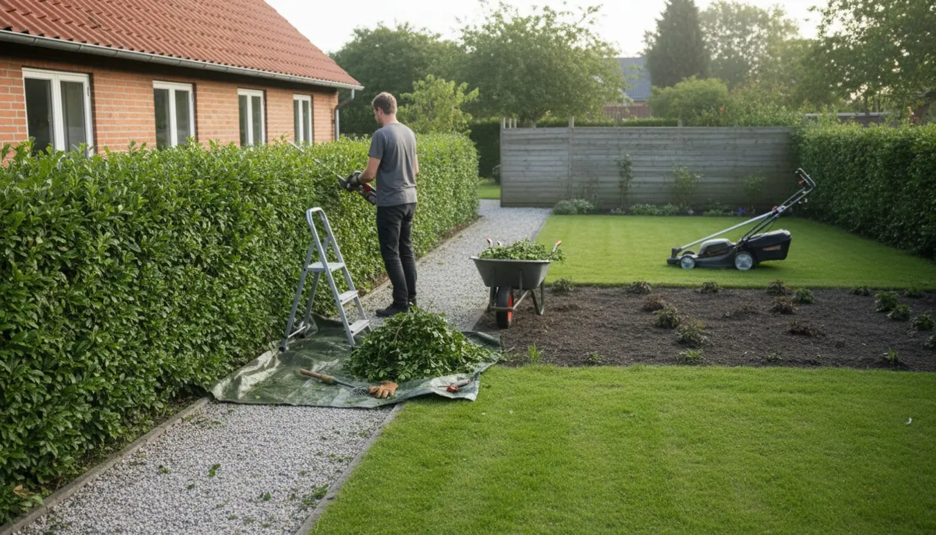 Havearbejde i en dansk have med hækkeklippning, fjernet ukrudt og nydeligt trimmet græs.