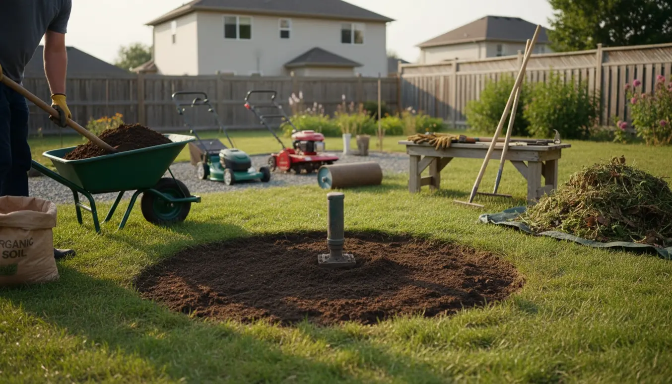 Havearbejde i baghaven med græsslåning, fræsning og udfyldning af hul efter trampolin.
