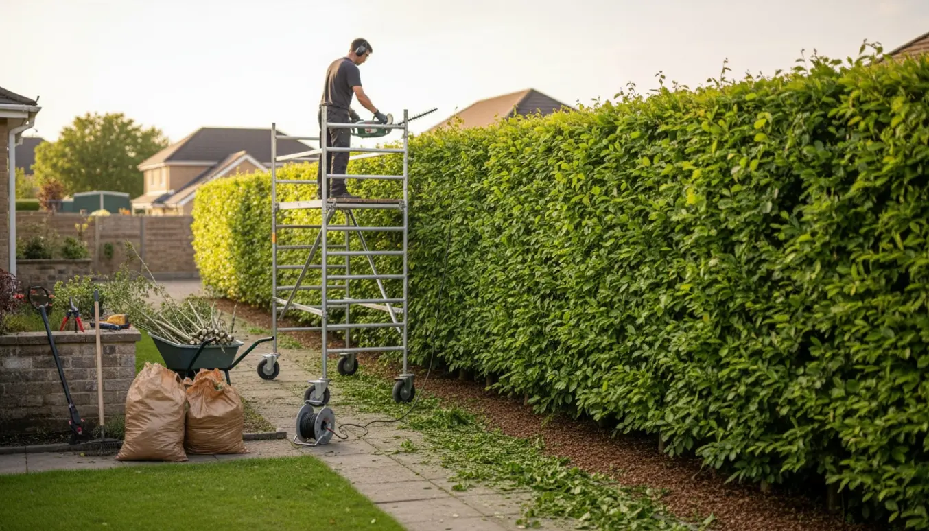 Rullestillads ved en lang, høj bøgehæk under klipning med afklip samlet i brune poser.