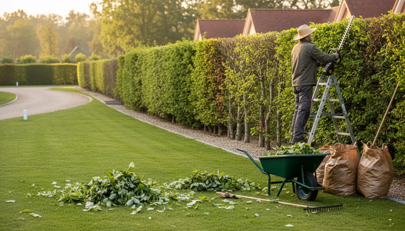 En person trimmer en bøgehæk langs indkørsel og græsplæne, med bunker af afklip og en trillebør klar til bortskaffelse.