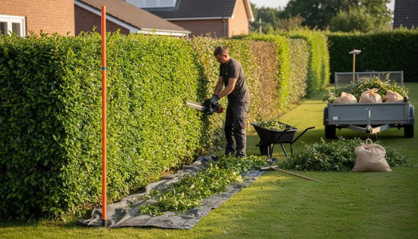 En havemand klipper en lang ligusterhæk til ønsket højde med opsamlede afklip klar til bortkørsel.