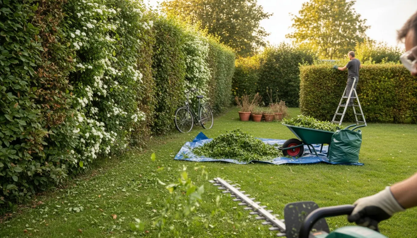 Hækkeklip i sen sommer med overgroet bøgehæk og spiræa, trimmer og afklip samlet i trillebør.