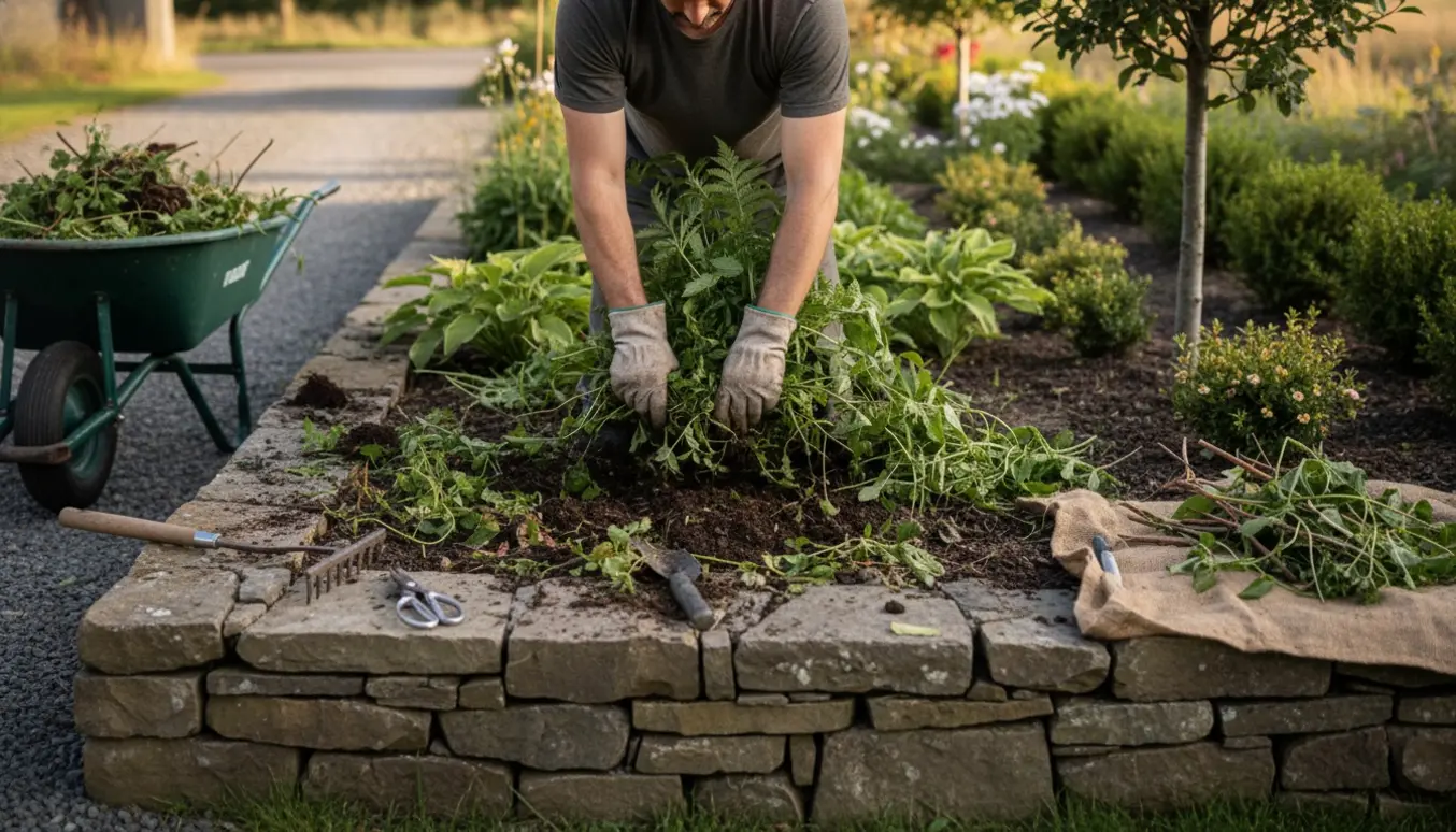 Nærbillede af lugning og oprydning i et bed med stensætning og trillebør med ukrudt.
