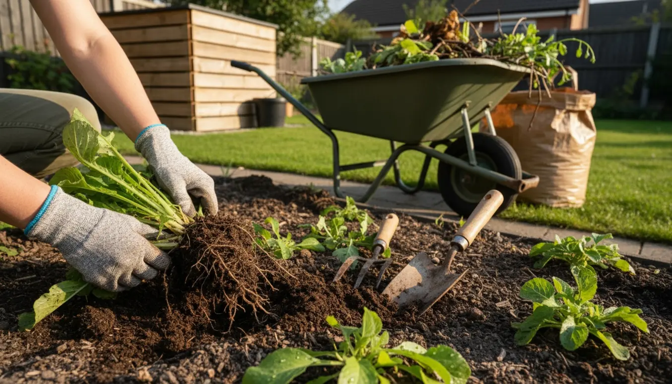 Hænder fjerner ukrudt fra et blomsterbed og lægger det i en trillebør ved kompostbeholderen.
