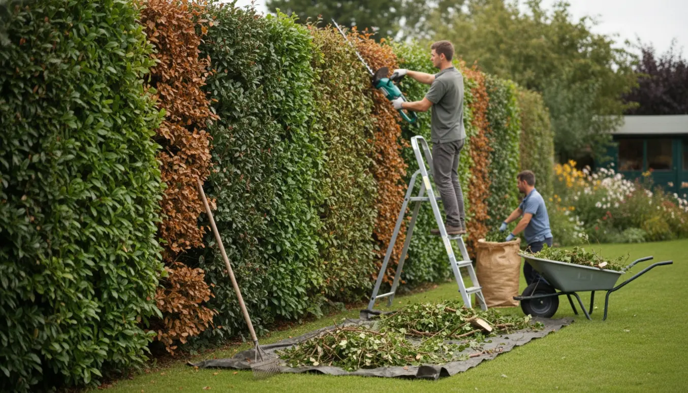 En person trimmer en høj liguster- og bøgehæk med hækkeklipper og samler friske afklip i en trillebør.