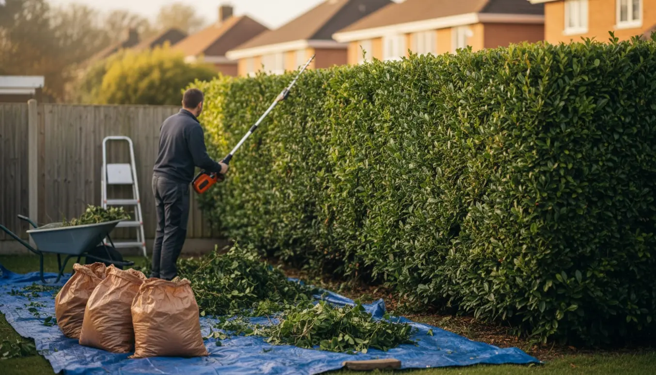 Person trimmer en høj hæk med en stanghækkeklipper, mens afklip samles på en trillebør og et presenning.
