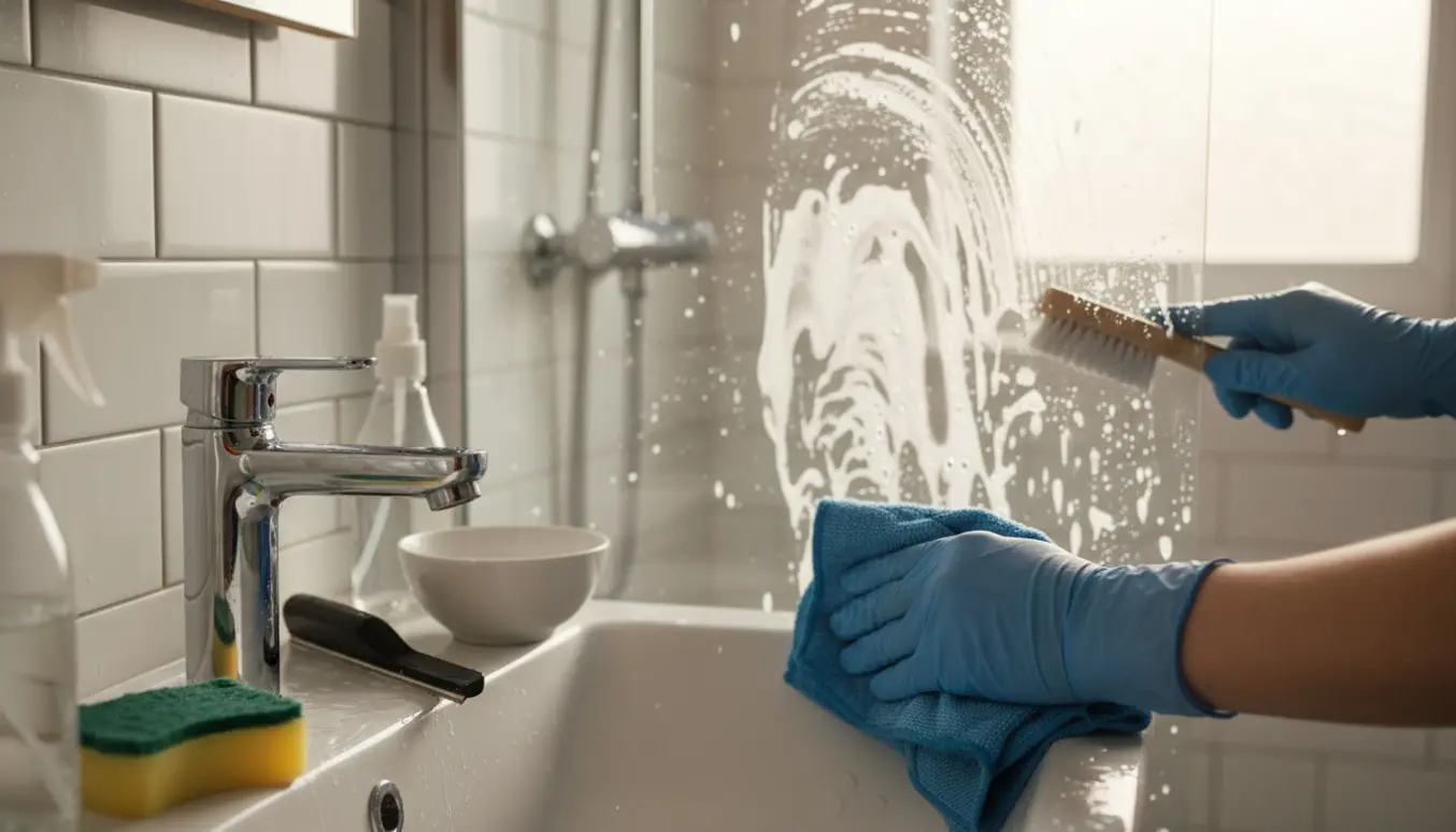 Nærbillede af handsker og klud, der afkalker et kromarmatur og rengør brusedøren i et lyst badeværelse.