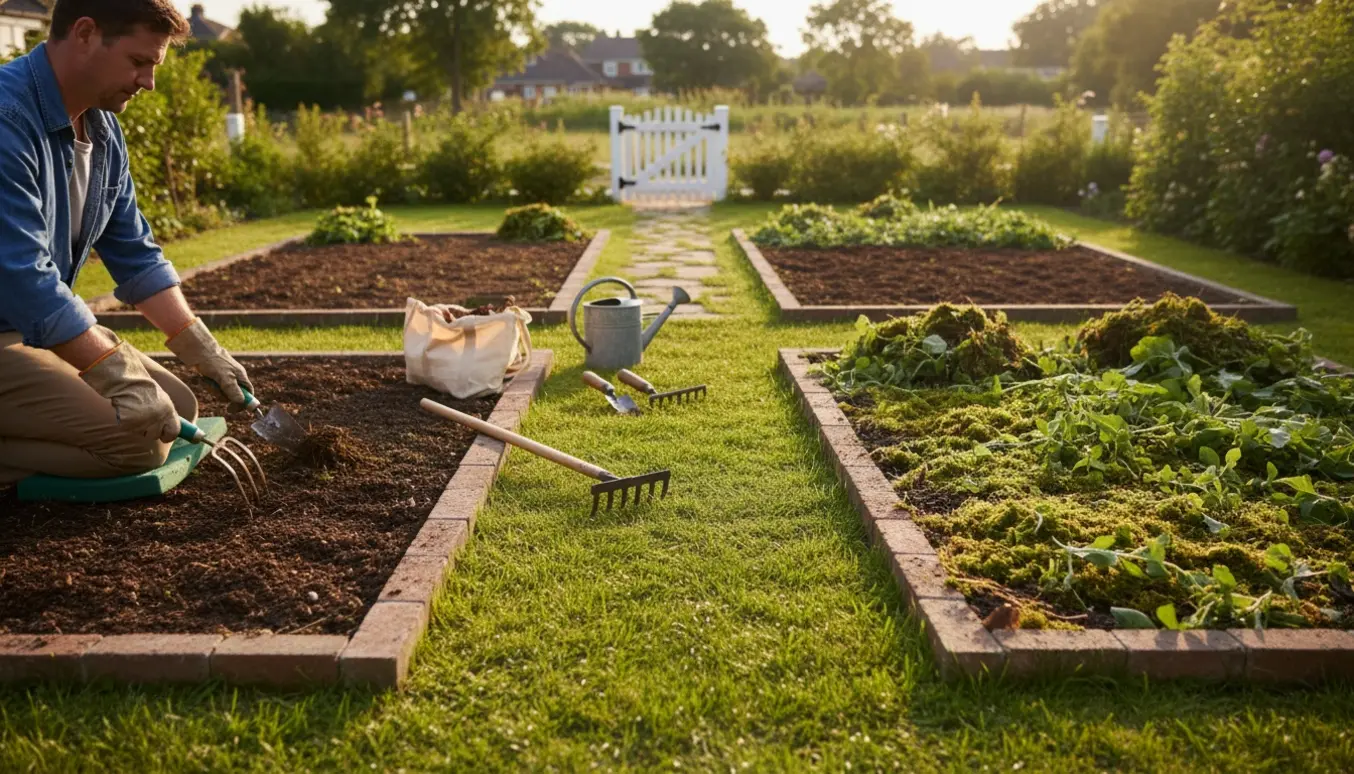 Soloplyst have med for- og bagbede, hvor ukrudt fjernes med håndredskaber og små bunker af trukket ukrudt ligger ved bedene.