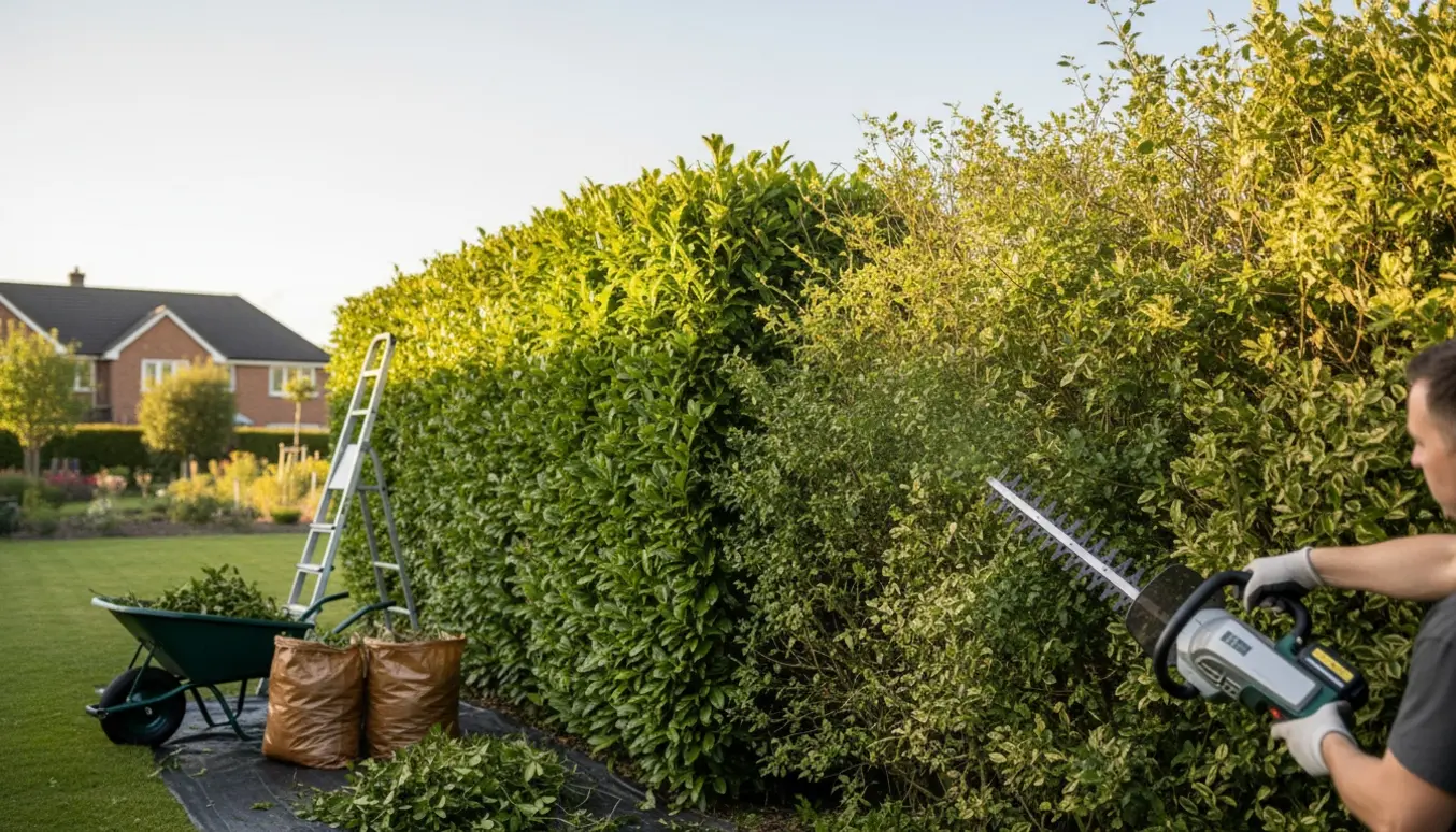 Lang havehæk hvor en arbejder uden synligt ansigt trimmer og samler afklip i trillebør.