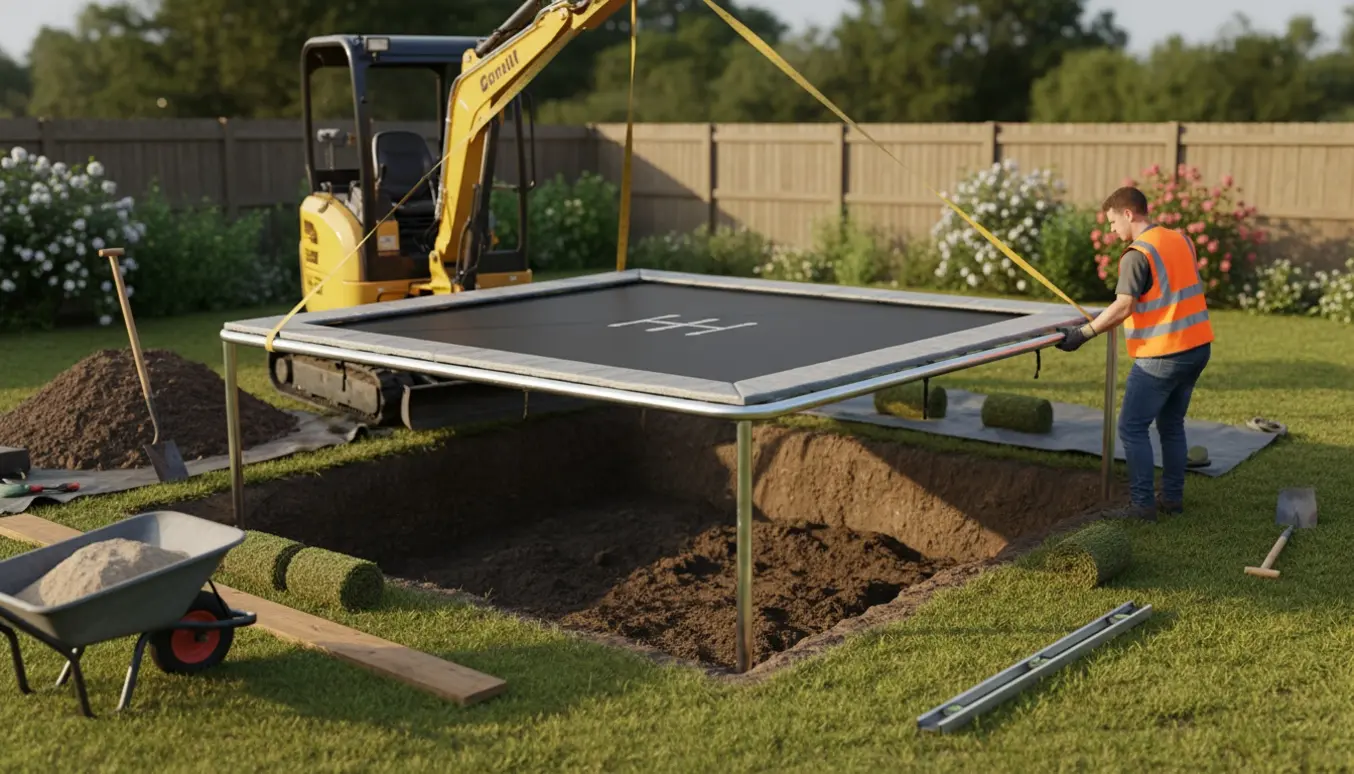 Firkantet trampolin sænkes ned i et rektangulært hul med graveudstyr og rullede jordstykker omkring.