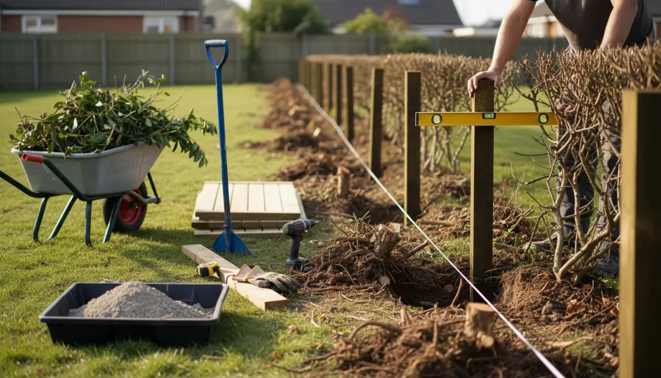 Lang havegrænse med fjernet gammel hæk og opstilling af nyt træhegn med værktøj og materialer i naturligt lys.