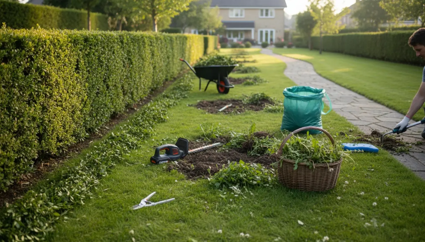 Hænder fjerner ukrudt fra tre pletter ved en nyklippet, lang hæk med haveredskaber og grønne afklip.