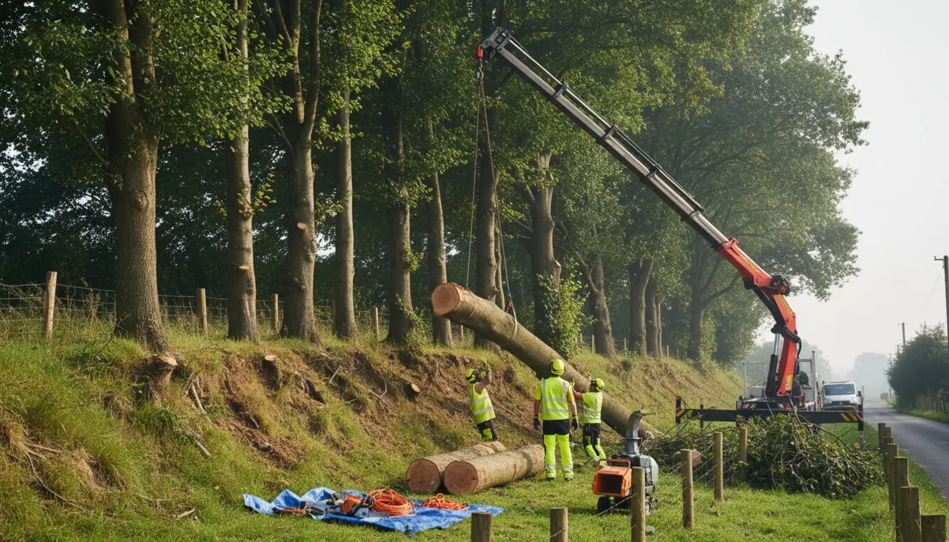 Kran og arborister sænker træsektioner væk fra en stejl skrænt ved skel med udstyr og stabelt træ i forgrunden.