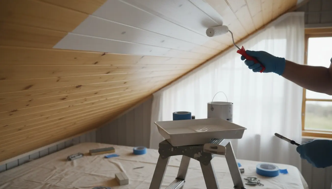 Nærbillede af maling af træloft og væg i lyst sommerhus med rulle, stige og afdækningsdug.