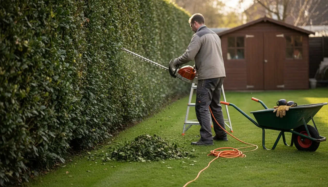 En person trimmer en lang hæk med en benzindrevet hækkeklipper i en stor have, mens friske klip ligger på græsset.