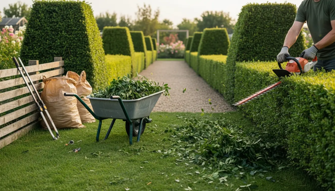 Gloved hænder trimmer en varieret høj hæk langs en gangsti, mens afklip lægges i en trillebør.