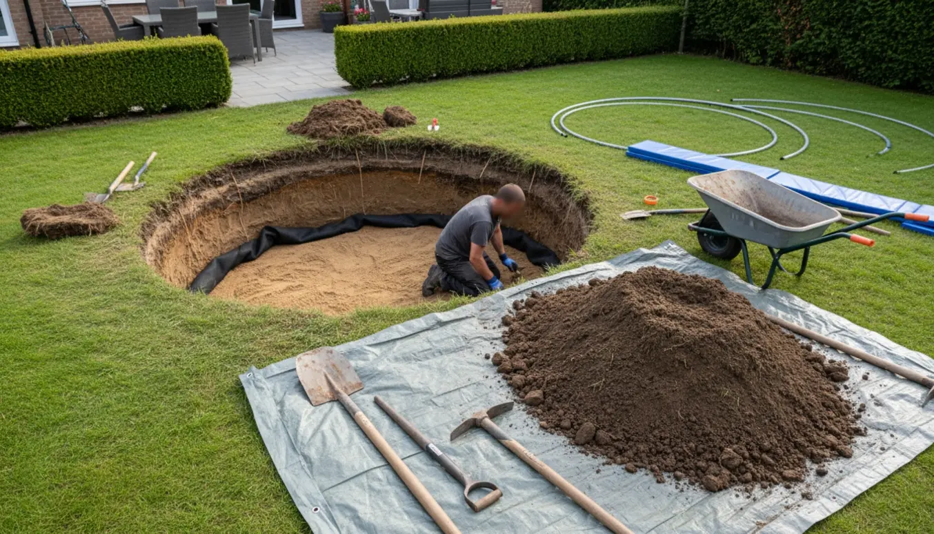 Nedgravning af et stort cirkulært hul til trampolin med jord i trillebør og værktøj i forgrunden.
