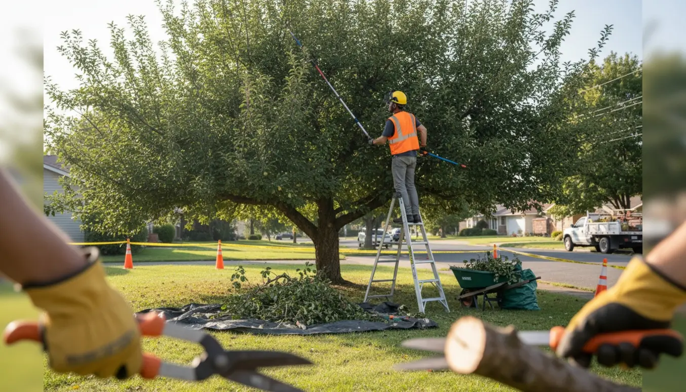 En enlig beskærer fjerner grene fra et æbletræ ved fortovet, med afspærring og opsamlet affald tydeligt synligt.