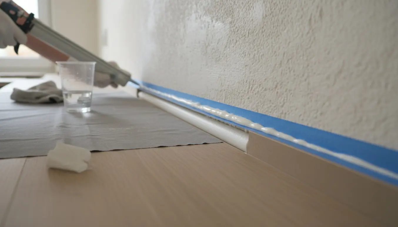 Nærbillede af handske‑klædte hænder, der fugeafslutter samling mellem en 3,5 m lang bordplade og en grov spartlet væg.