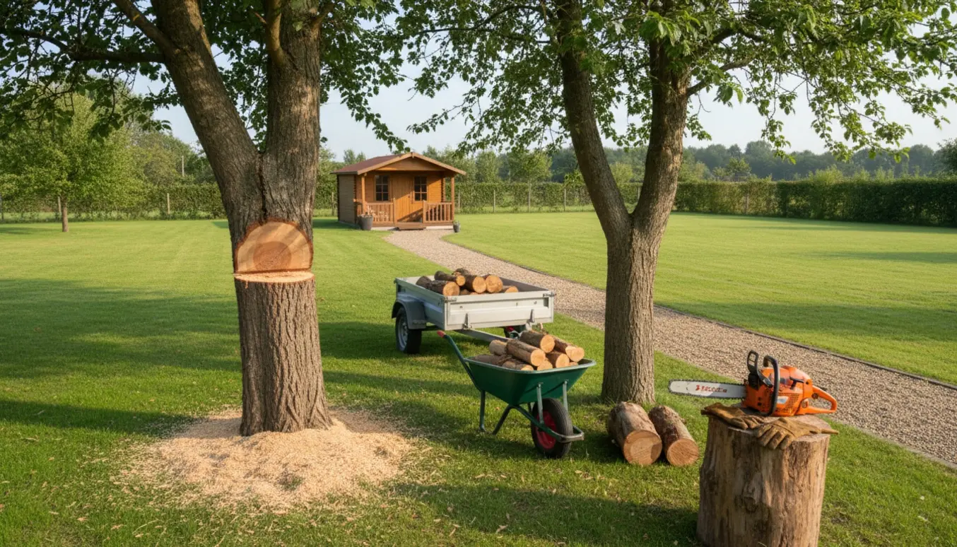 To træer i en flad baghave ved et sommerhus med motorsav, skårne stammer og træ klar til bortkørsel.