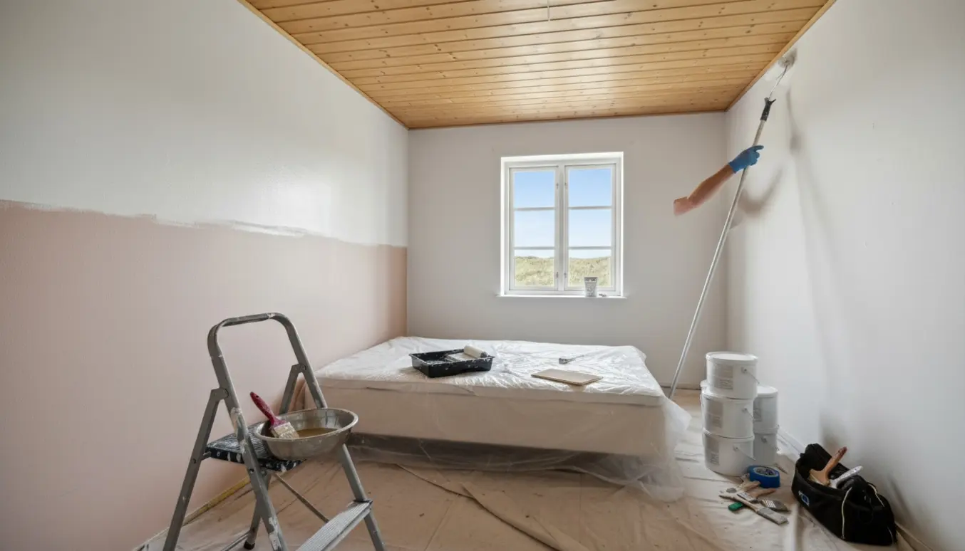 Soveværelse på 12 m² under maling fra lyserød til hvid med træloft og malerværktøj.