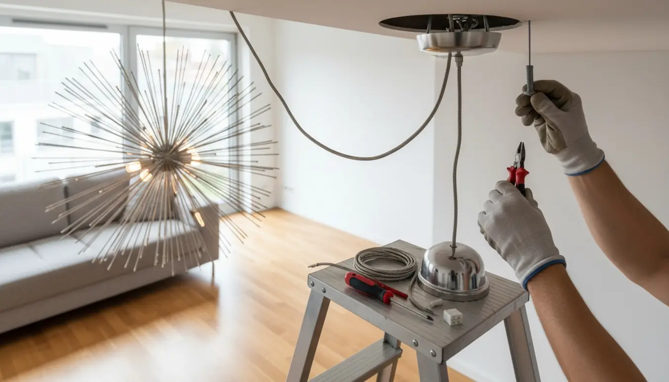 Håndværker på lille stige monterer en stor Flos Taraxacum-lampe i et gipsloft med værktøj og afkortet kabel.