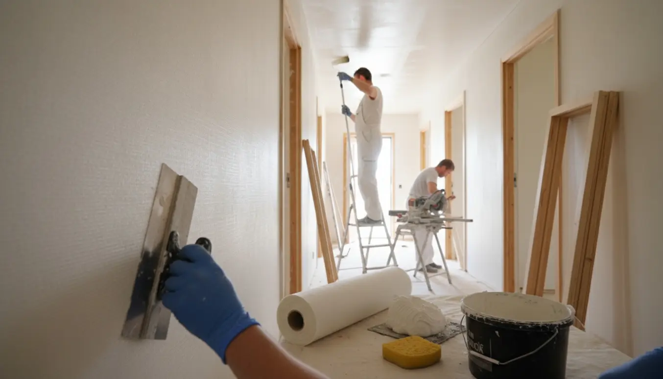 Gang under færdiggørelse med spartel, glasfilt på væggen og maler på en stige, mens en snedker tilpasser dørindfatninger.