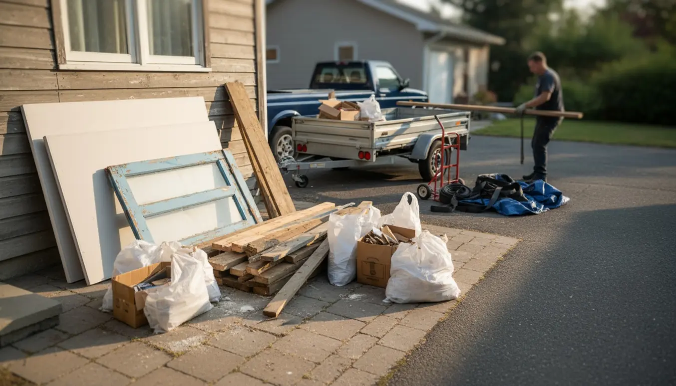 Blandet byggeaffald med gipsplader, gammel dør, træ og plastik stablet foran hoveddøren klar til afhentning.