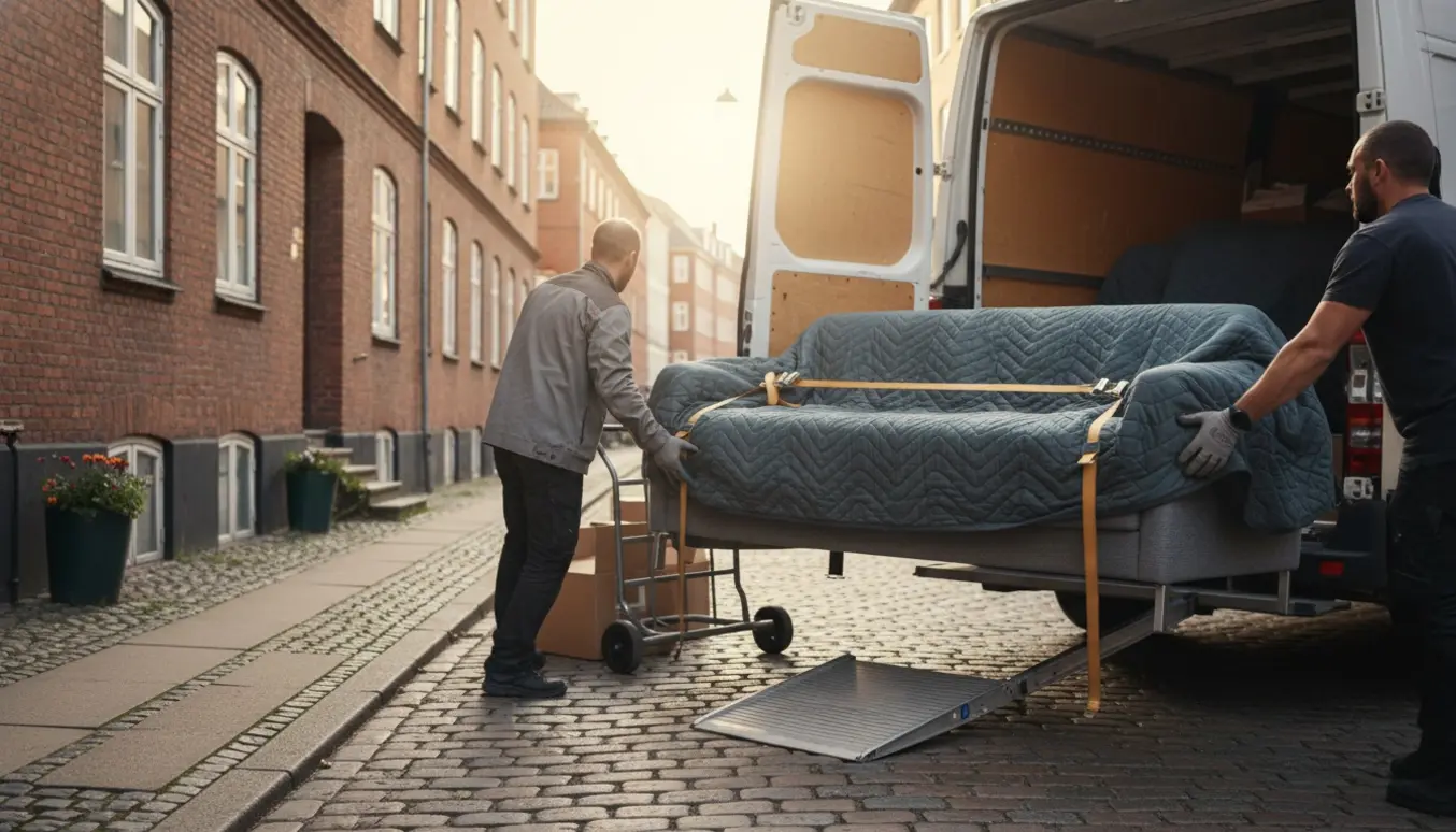 En lang sofa er pakket ind i flyttetæpper og læsses ind i en flyttevogn på en rolig bygade.
