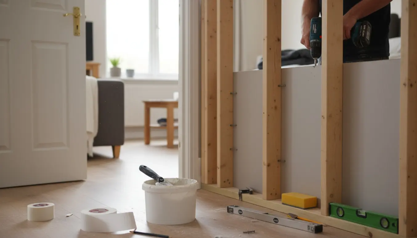 Nærbillede af arbejdshænder, der blænder en dør med træskelet og gipsplader, værktøj ved siden af.