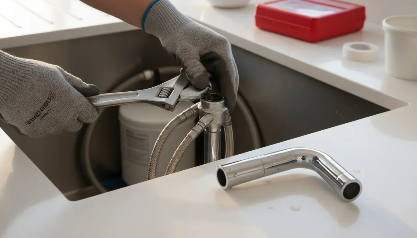 Installatørs hands bekæmper en Quooker ved en køkkenvask, mens et kromarmatur ligger klar til montering.