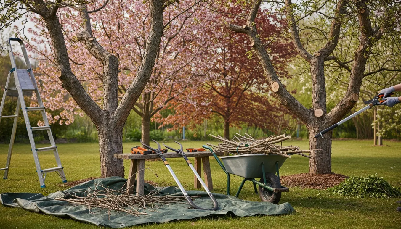 Have med fire træer under beskæring — to æbletræer, en japansk kirsebær og en lille rød bøg med værktøj og ryddede grene i forgrunden.