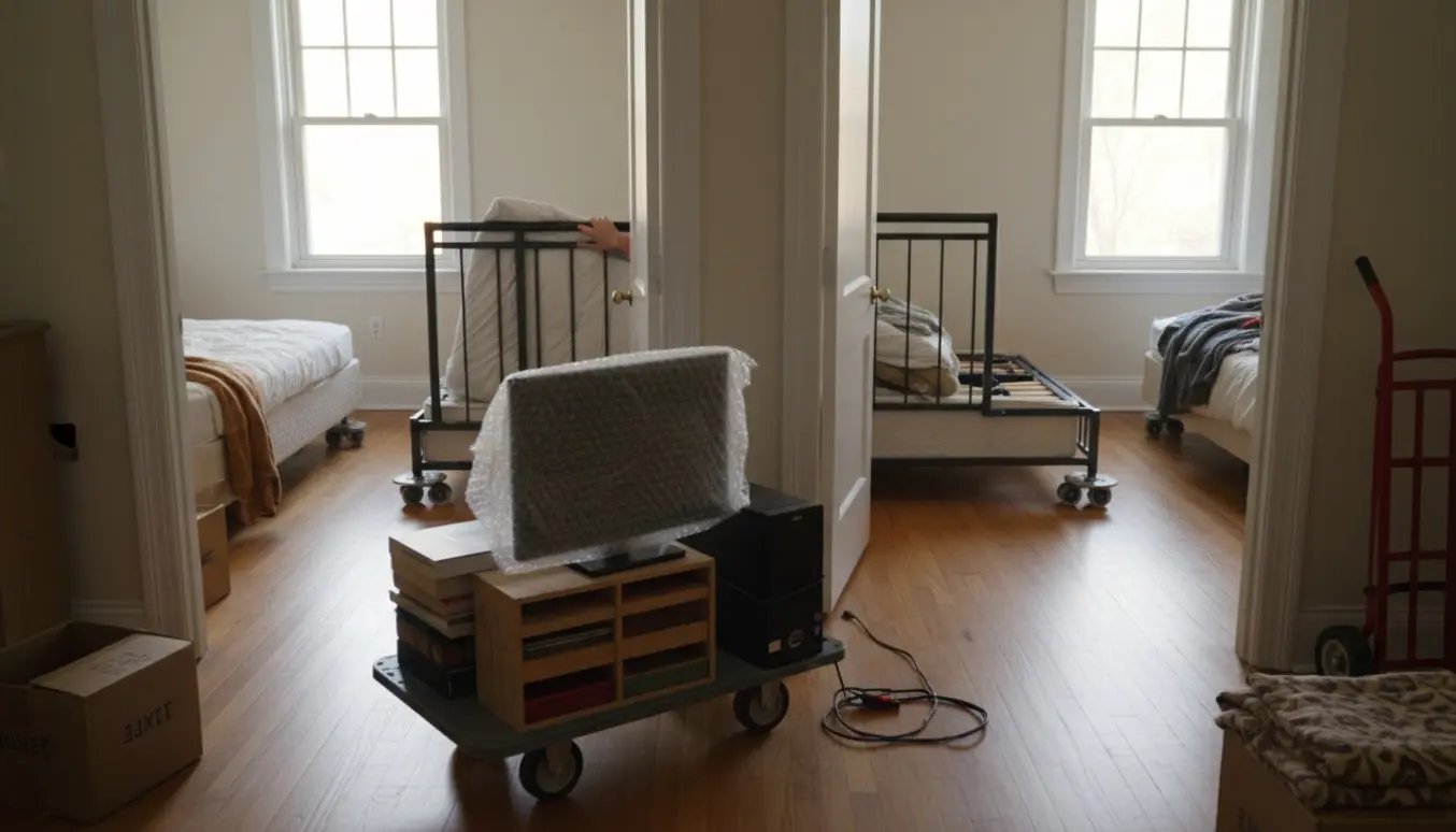 To værelser vises, mens to senge, lave reoler og en computer flyttes mellem dem med flyttetæpper og en sækkevogn.