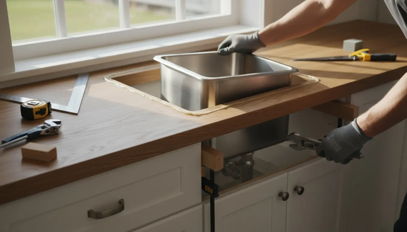 Nærbillede af montering af en bordplade og en indbygget vask i et lyst køkken, hvor hænder sænker vasken på plads.