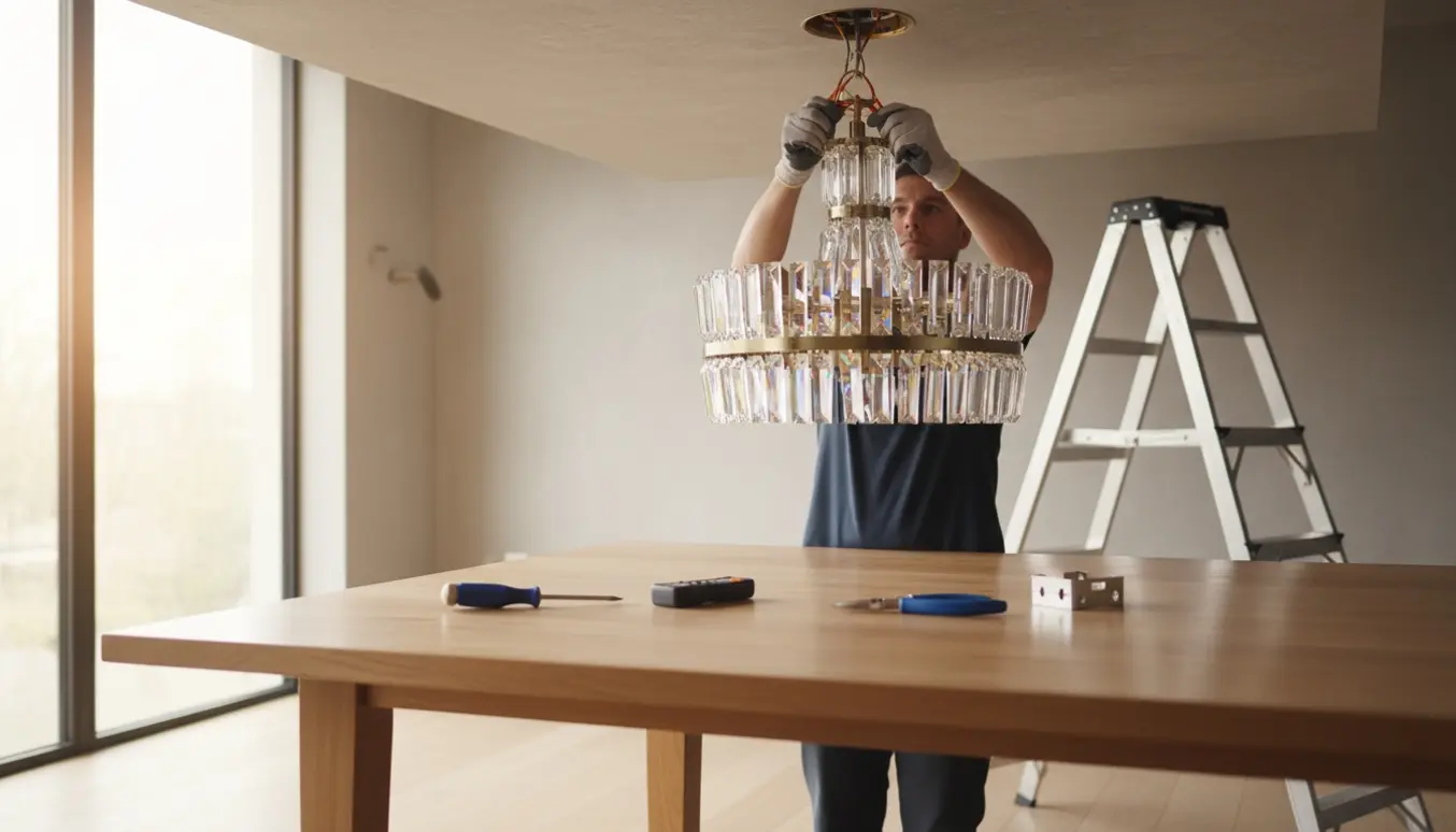 Hænder monterer en krystallysekrone i loftet i en lys spisestue.