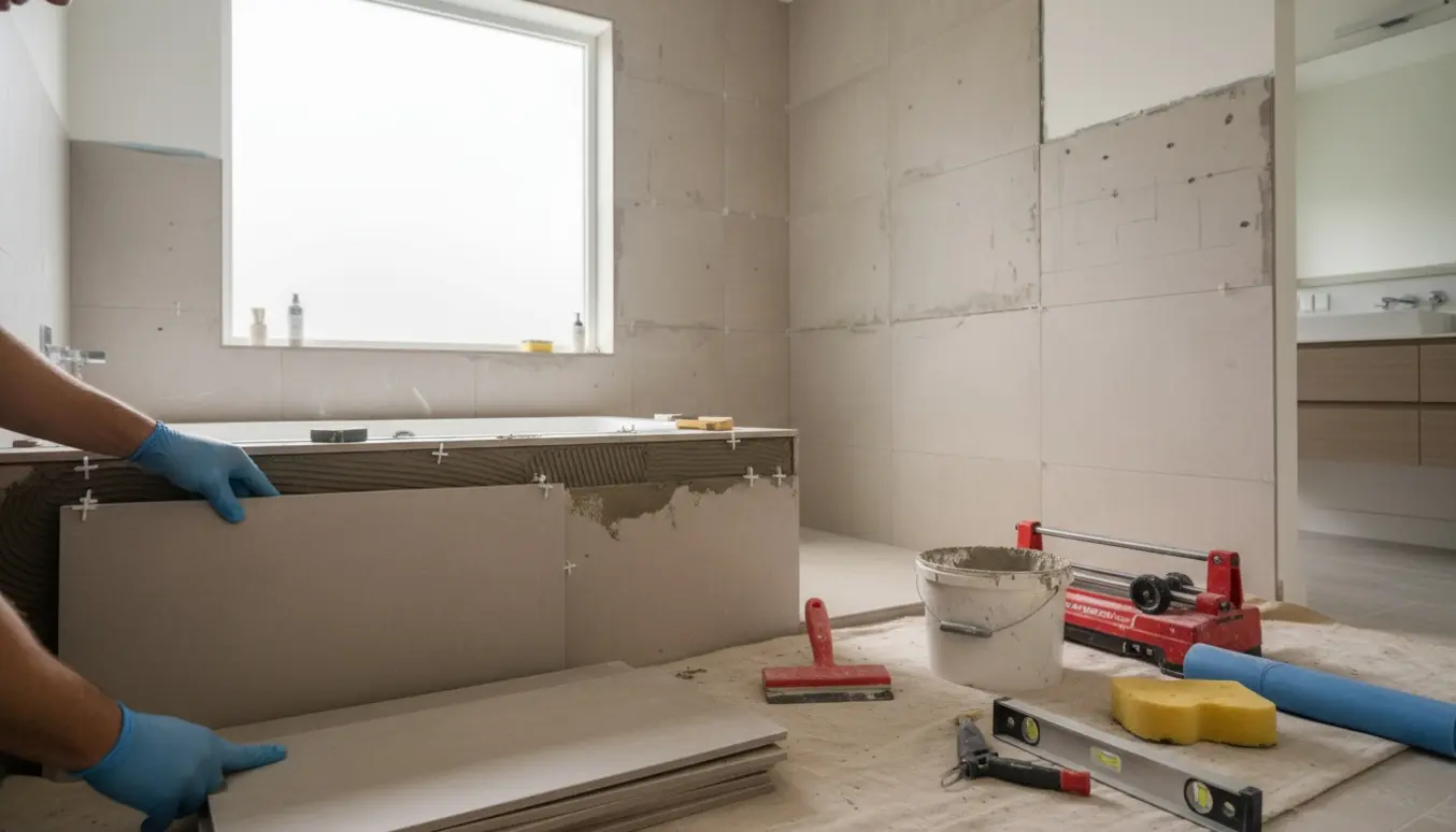 Håndværkers hænder sætter nye fliser op i en brusevæg med værktøj og materialer i et lyst badeværelse.