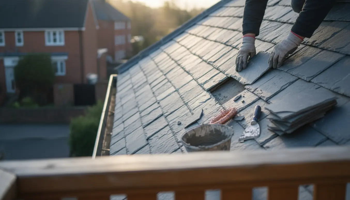 Hænder placerer en ny skiffertagsten på et lille skråt tag ved en altan.