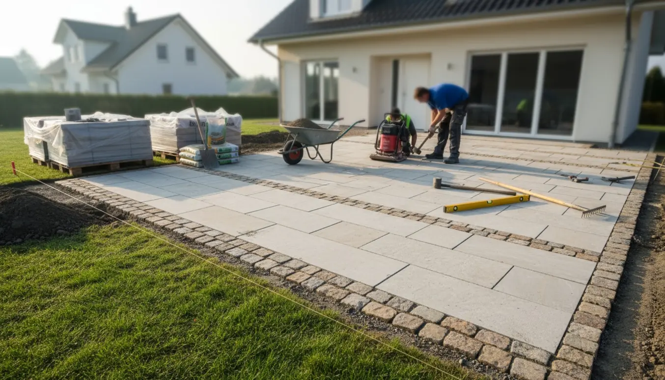 Delvist anlagt terrasse med store fliser og brosten langs husets forside, materialer og værktøj klar ved siden af.